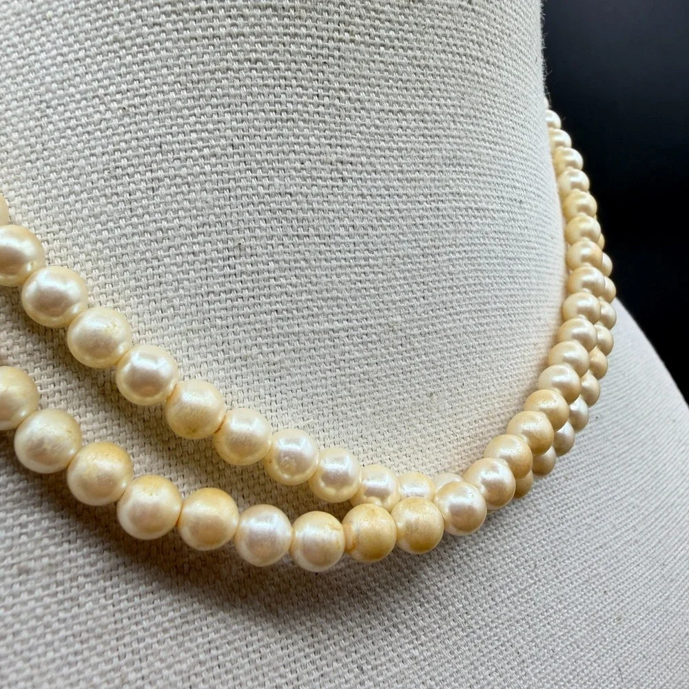 Double Strand Faux Pearl Necklace Cream Gold Tone Hook Clasp Romantic Elegant